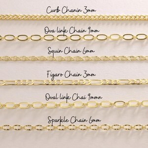 May include: A selection of gold-colored chain necklaces, each with a unique design. The image displays Curb, Oval link, Squin, Figaro, and Sparkle chains, with varying widths. Text labels identify each chain style and its width in millimeters.