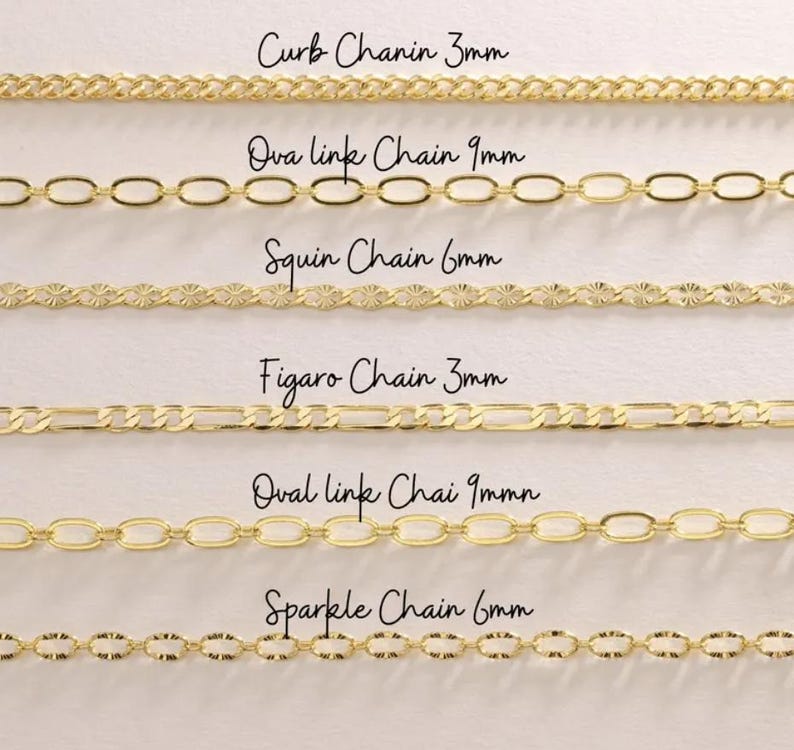 May include: A selection of gold-colored chain necklaces, each with a unique design. The image displays Curb, Oval link, Squin, Figaro, and Sparkle chains, with varying widths. Text labels identify each chain style and its width in millimeters.