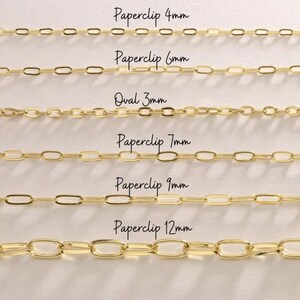 May include: A collection of gold-colored chain necklaces in various styles and sizes. The image includes chains labeled 'Paperclip' in 4mm, 6mm, 7mm, 9mm, and 12mm sizes, and an 'Oval' chain in 3mm. The text is in a handwritten style.