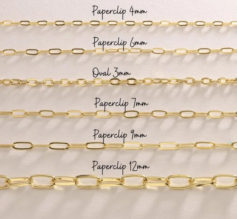 May include: A collection of gold-colored chain necklaces in various styles and sizes. The image includes chains labeled 'Paperclip' in 4mm, 6mm, 7mm, 9mm, and 12mm sizes, and an 'Oval' chain in 3mm. The text is in a handwritten style.