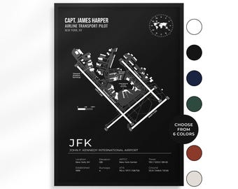 Plakat z mapą międzynarodowego lotniska im. Johna F. Kennedy'ego w Nowym Jorku, spersonalizowany wydruk ścienny z motywem lotnictwa