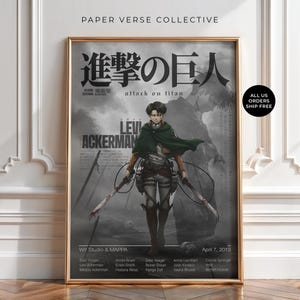 May include: A framed poster of the anime "Attack on Titan." The poster, in a gold frame, showcases a character with swords, the Japanese title, and "Levi Ackerman." The poster also includes the text "Wit Studio & MAPPA."
