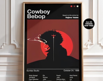 Cowboy Bebop Poster, Spike Spiegel Silhouette Anime Print, Retro Manga Wall Art