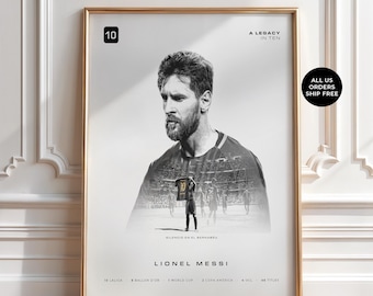 Lionel Messi Poster, Number Ten GOAT Print, Minimalist Black and White Football Wall Art