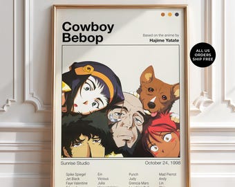 Cowboy Bebop Crew Poster, Spike Faye Jet Ein Anime Print, Retro Manga Wall Art