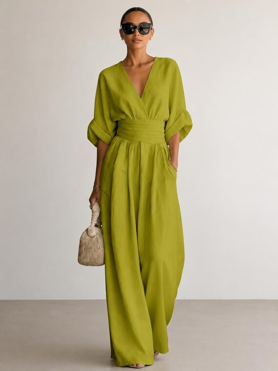 Olive Green Wide Leg Jumpsuit for Women, Elegant Resort Wear Outfit, Boho Summer Palazzo suit, Vacation Party Outfit, Loose Fit Romper Dress