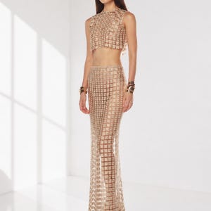 Gold Sequin Two Piece Set, Elegant Crop Top Skirt Set, Evening Party Outfit, Formal Co Ord Set, Wedding Guest Dress,Glamorous Maxi Skirt Set