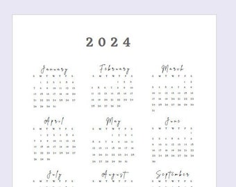 Simple 2024 Gray Yearly Calendar Overview Printable, Sunday Start, Year at a Glance, PDF, Portrait