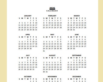 2026 Yearly Calendar Printable, Sunday Start, Year at a Glance, PDF, Portrait