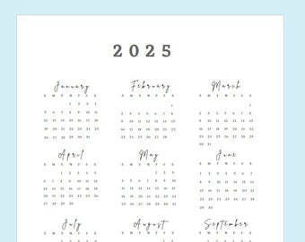 Simple 2025 Gray Yearly Calendar Overview Printable, Sunday Start, Year at a Glance, PDF, Portrait