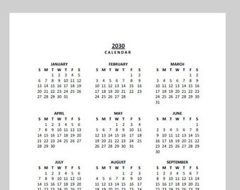 2030 Yearly Calendar Printable, Sunday Start, Year at a Glance, PDF, Portrait