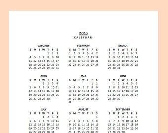 2026 Yearly Calendar Printable, Sunday Start, Year at a Glance, PDF, Portrait