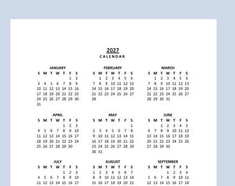 2027 Yearly Calendar Printable, Sunday Start, Year at a Glance, PDF, Portrait