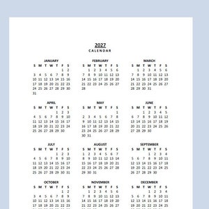 2027 Yearly Calendar Printable, Sunday Start, Year at a Glance, PDF, Portrait image 1