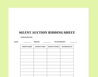 Silent Auction Bid Sheet with space for Logo, Portrait, Legal, PDF