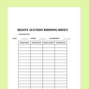 Silent Auction Bid Sheet with space for Logo, Portrait, Legal, PDF image 1