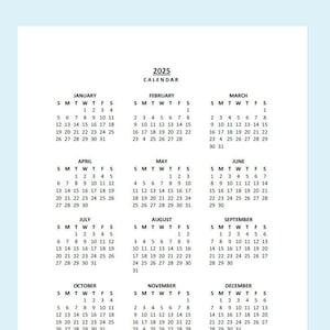 2025 Yearly Calendar Printable, Sunday Start, Year at a Glance, PDF, Protrait image 1