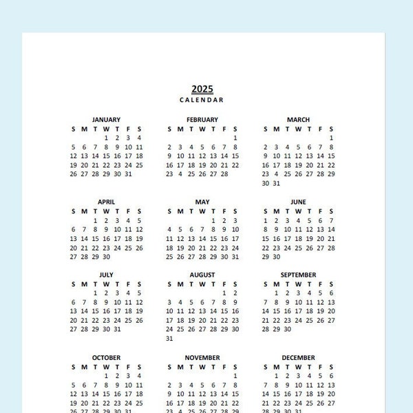 2025 Yearly Calendar Printable, Sunday Start, Year at a Glance, PDF, Protrait