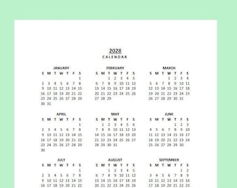 2028 Yearly Calendar Printable, Sunday Start, Year at a Glance, PDF, Portrait