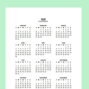 2028 Yearly Calendar Printable, Sunday Start, Year at a Glance, PDF, Portrait image 1