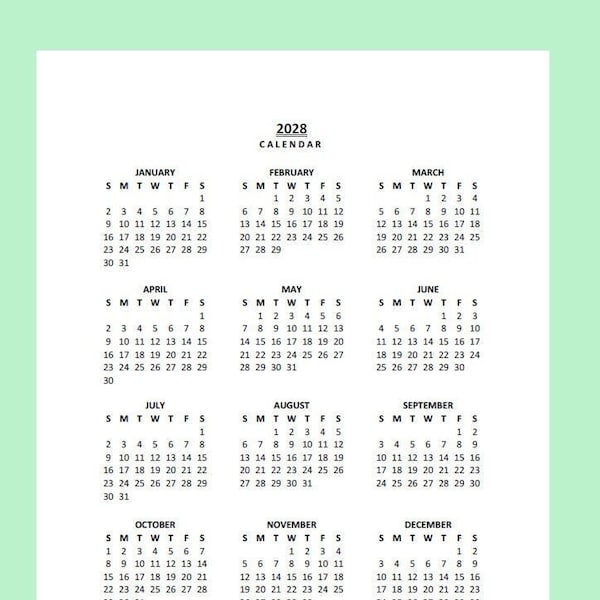 2028 Yearly Calendar Printable, Sunday Start, Year at a Glance, PDF, Portrait