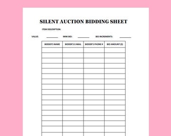 Silent Auction Bid Sheet, Portrait, Legal, PDF