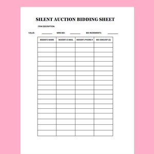Silent Auction Bid Sheet, Portrait, Legal, PDF