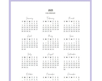 May include: A 2029 calendar with a light purple border. The calendar displays the months January through December, with each month's days arranged in a grid format. The word "CALENDAR" is at the top.
