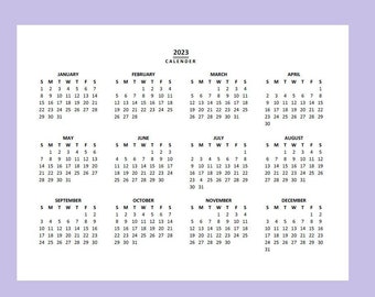 2023 Yearly Calendar Printable, Sunday Start, Year at a Glance , Lanscape, Legal, PDF