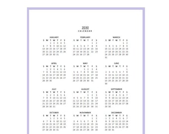 Calendario anual 2030 imprimible, inicio en domingo, resumen del año, PDF, vertical