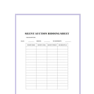 Silent Auction Bid Sheet with space for Logo, Portrait, Legal, PDF
