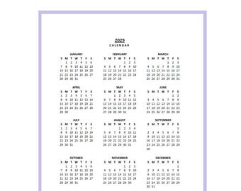 2029 Yearly Calendar Printable, Sunday Start, Year at a Glance, PDF, Portrait
