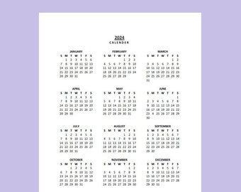 2024 Yearly Calendar Printable, Sunday Start, Year at a Glance, PDF, Portrait