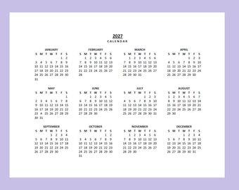 2027 Yearly Calendar Printable, Sunday Start, Year at a Glance , Lanscape, Legal, PDF