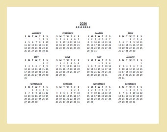 2026 Yearly Calendar Printable, Sunday Start, Year at a Glance , Lanscape, Legal, PDF