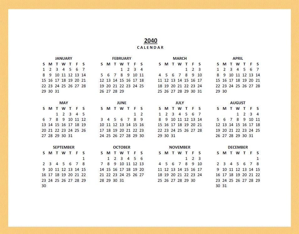 2040 Yearly Calendar Printable, Sunday Start, Year at a Glance ...