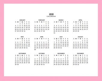 May include: A 2030 calendar with a pink border. The calendar displays the months January through December, with each month's days arranged in a grid format. The days of the week are abbreviated.
