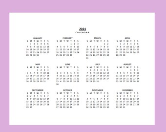 2024 Yearly Calendar Printable, Sunday Start, Year at a Glance , Lanscape, Legal, PDF