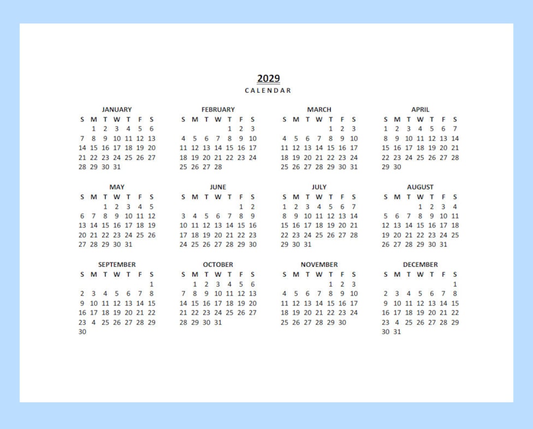 2029 Yearly Calendar Printable, Sunday Start, Year at a Glance ...