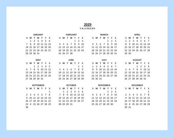 2029 Yearly Calendar Printable, Sunday Start, Year at a Glance