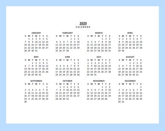 2029 Yearly Calendar Printable, Sunday Start, Year at a Glance , Lanscape, Legal, PDF