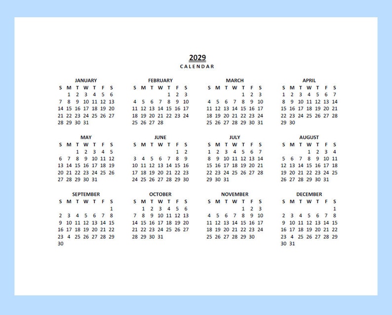 2029 Yearly Calendar Printable, Sunday Start, Year at a Glance , Lanscape, Legal, PDF image 1