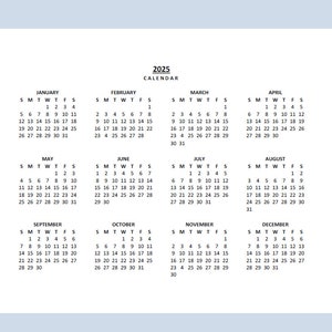 2025 Yearly Calendar Printable, Sunday Start, Year at a Glance
