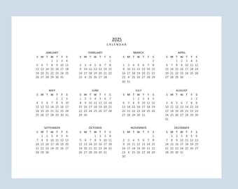 2025 Yearly Calendar Printable, Sunday Start, Year at a Glance , Lanscape, Legal, PDF