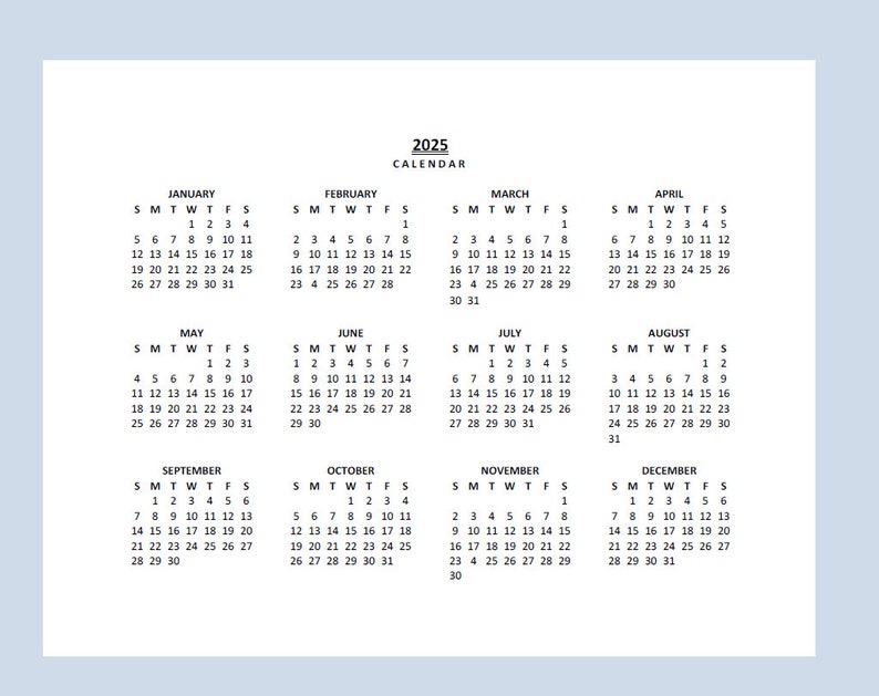 2025 Yearly Calendar Printable Sunday Start Year at a Glance Etsy