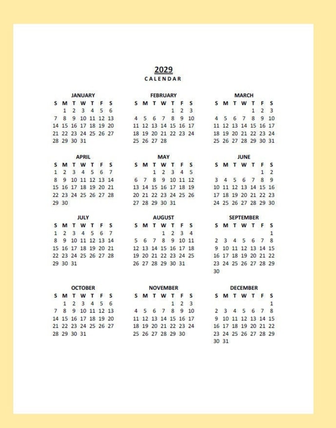 2029 Yearly Calendar Printable, Sunday Start, Year at a Glance, PDF ...