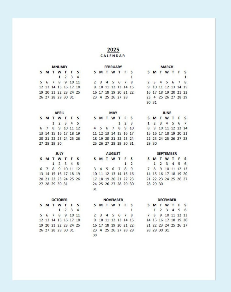 2025 Yearly Calendar Printable, Sunday Start, Year at a Glance, PDF, Protrait image 1