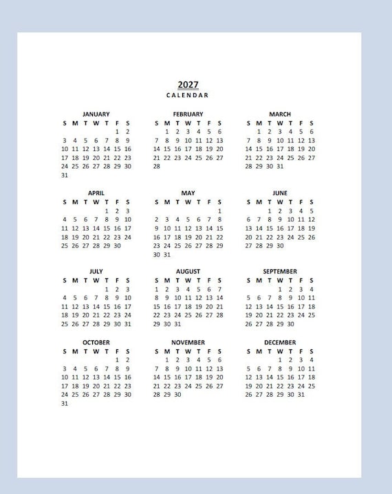 2027 yearly calendar printable, sunday start, year at a glance ...