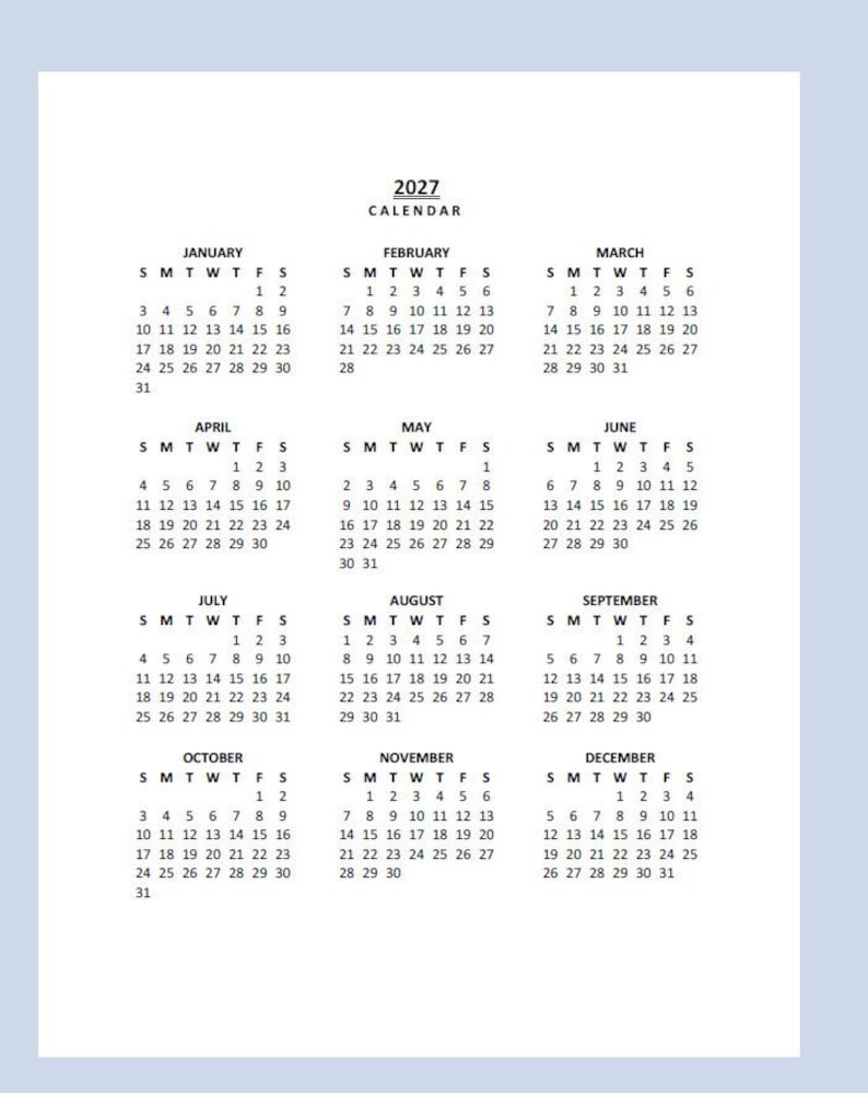 2027 Yearly Calendar Printable, Sunday Start, Year at a Glance, PDF, Portrait image 1