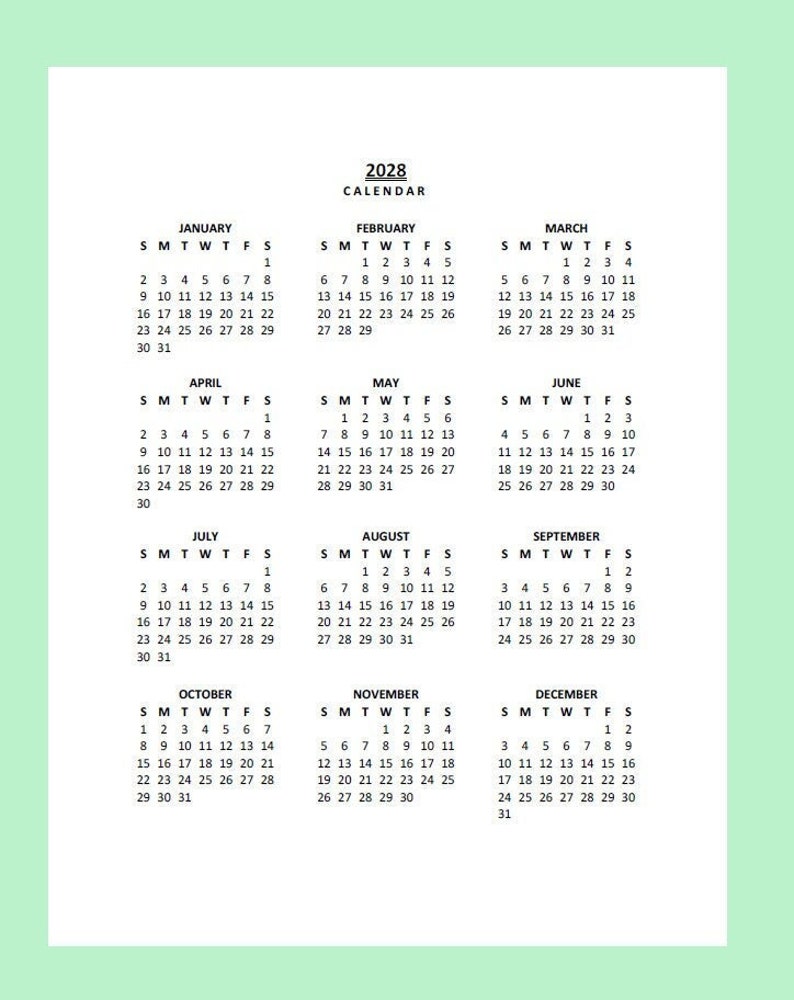 2028 Yearly Calendar Printable, Sunday Start, Year at a Glance, PDF, Portrait image 1